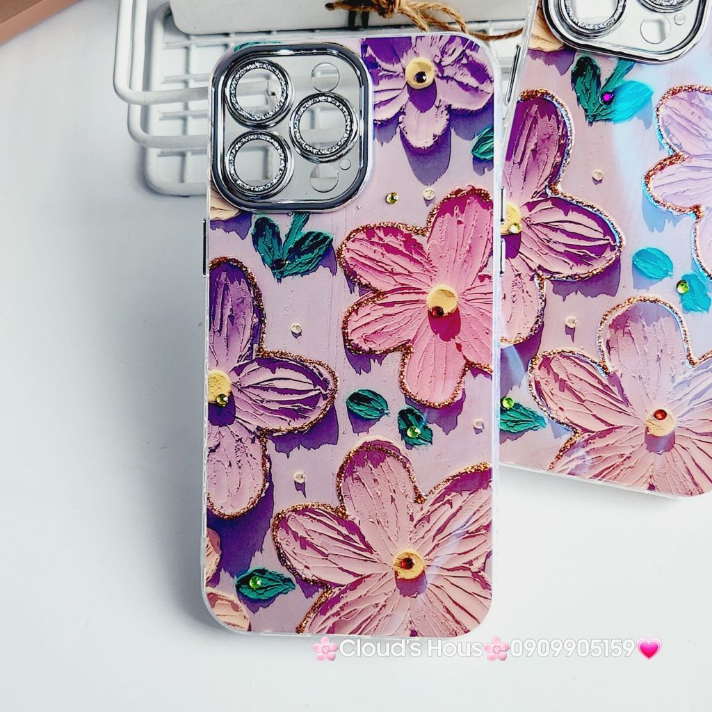 Case Ốp điện thoại iPhone Hoa To Hologram Nền Tím Đính đá Camera iPhone 11/12/13/14/15/Pro/Promax