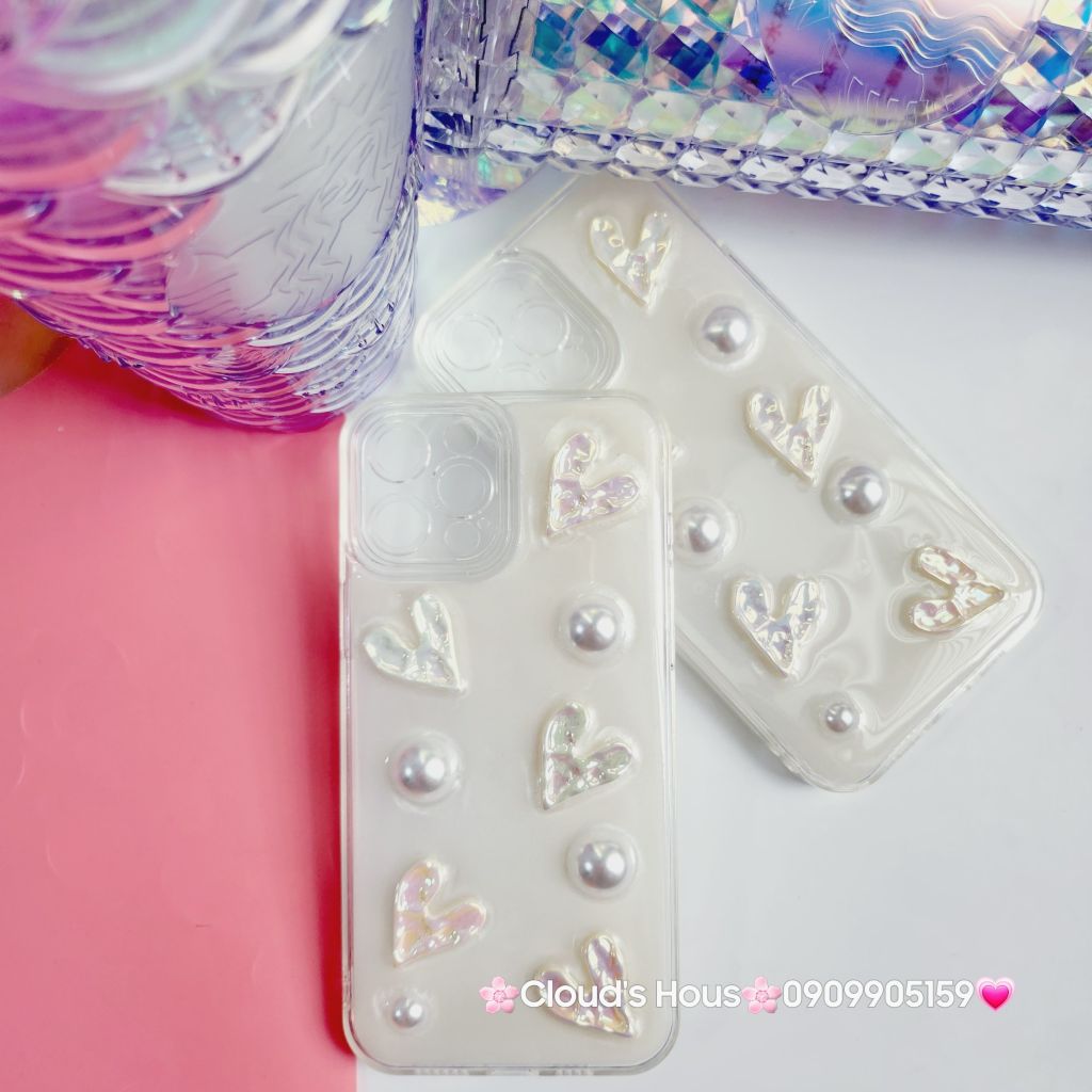 Case Ốp điện thoại iPhone Bling Bling icon Trái Tim ngọc trai nổi iPhone 11/12/13/14/Pro/Promax
