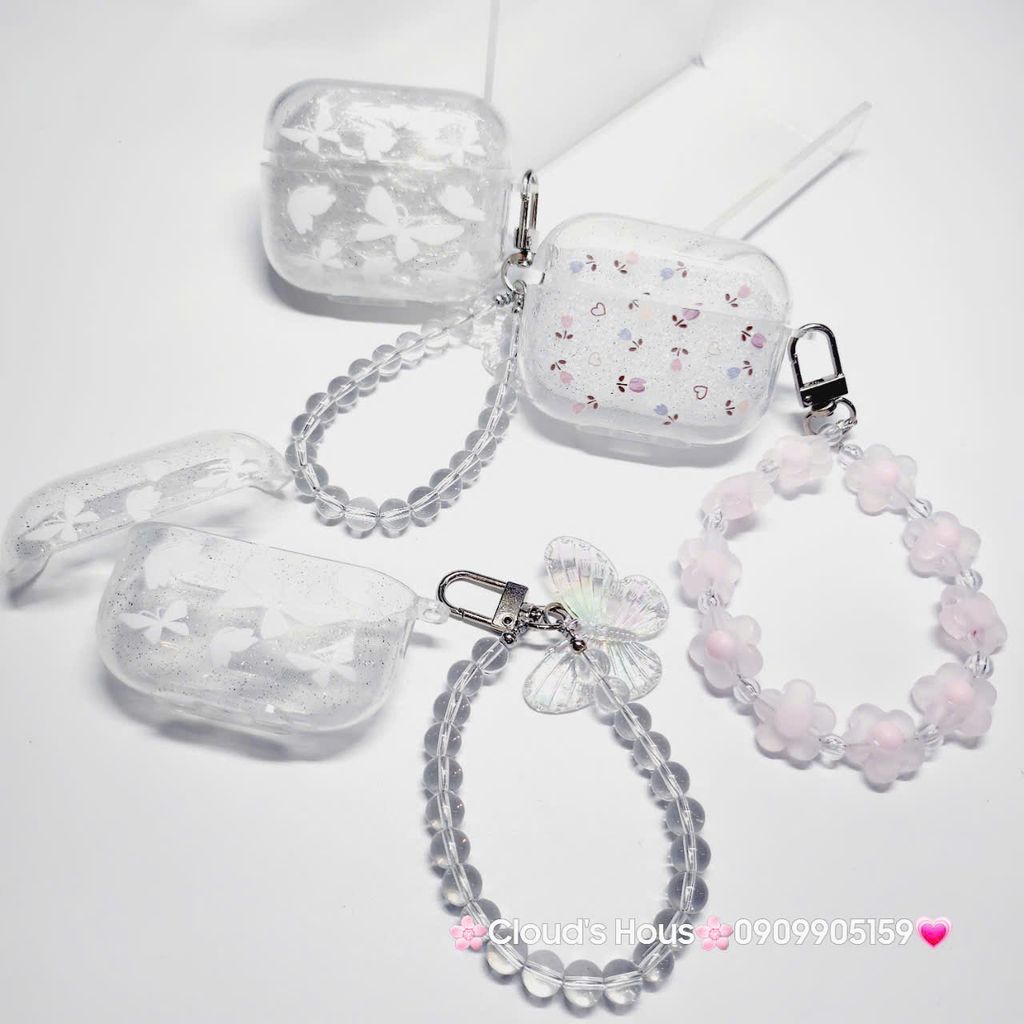 Cover Case Vỏ bảo vệ Airpod Trong Bling Bling Bướm & Hoa Nhí kèm móc khóa Airpod 1/2/3/Pro/Pro2