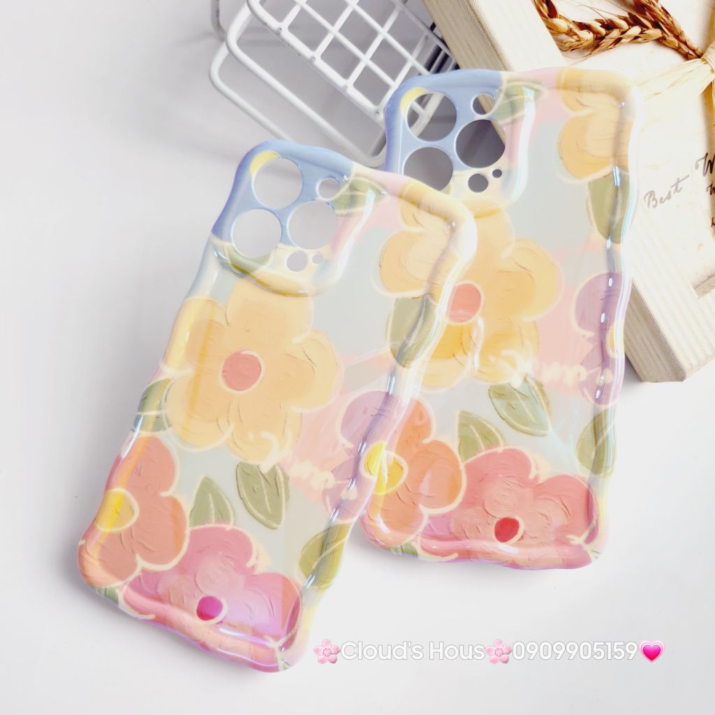 Case Ốp điện thoại iPhone Hoa Hologram Nền Xanh lá Viền Gợn Sóng iPhone 11/12/13/14/15/Pro/Promax