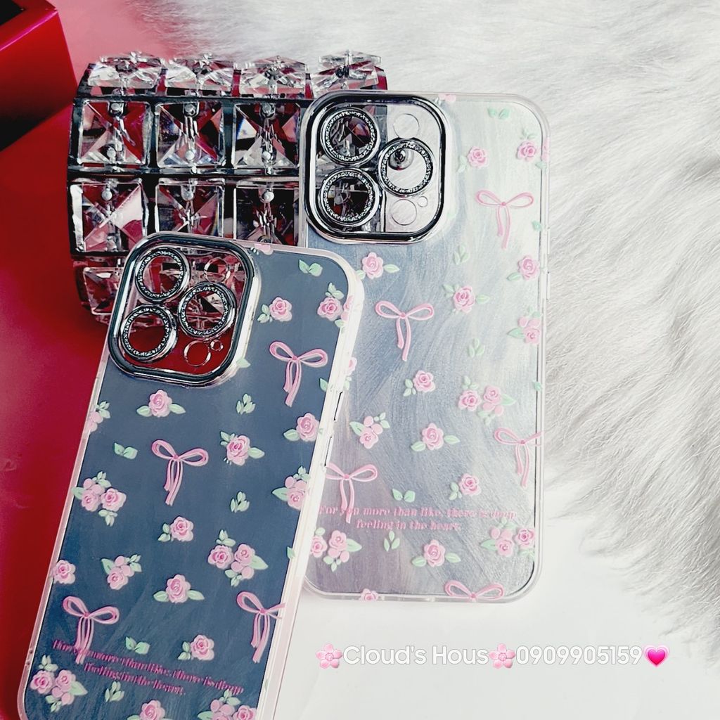 Case Ốp điện thoại iPhone Gương Nơ Hoa Camera đính đá kèm bảo vệ camera hologram iPhone 11/12/13/14/15/Pro/Promax