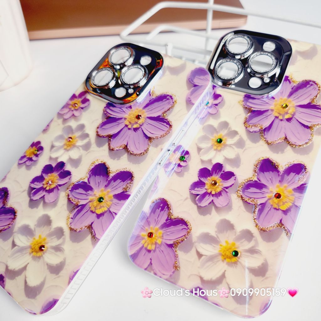 Case Ốp điện thoại iPhone Hoa Hologram Tím - Trắng Nền Trắng Đính đá Camera iPhone 11/12/13/14/15/pro/Promax