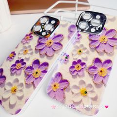 Case Ốp điện thoại iPhone Hoa Hologram Tím - Trắng Nền Trắng Đính đá Camera iPhone 11/12/13/14/15/pro/Promax