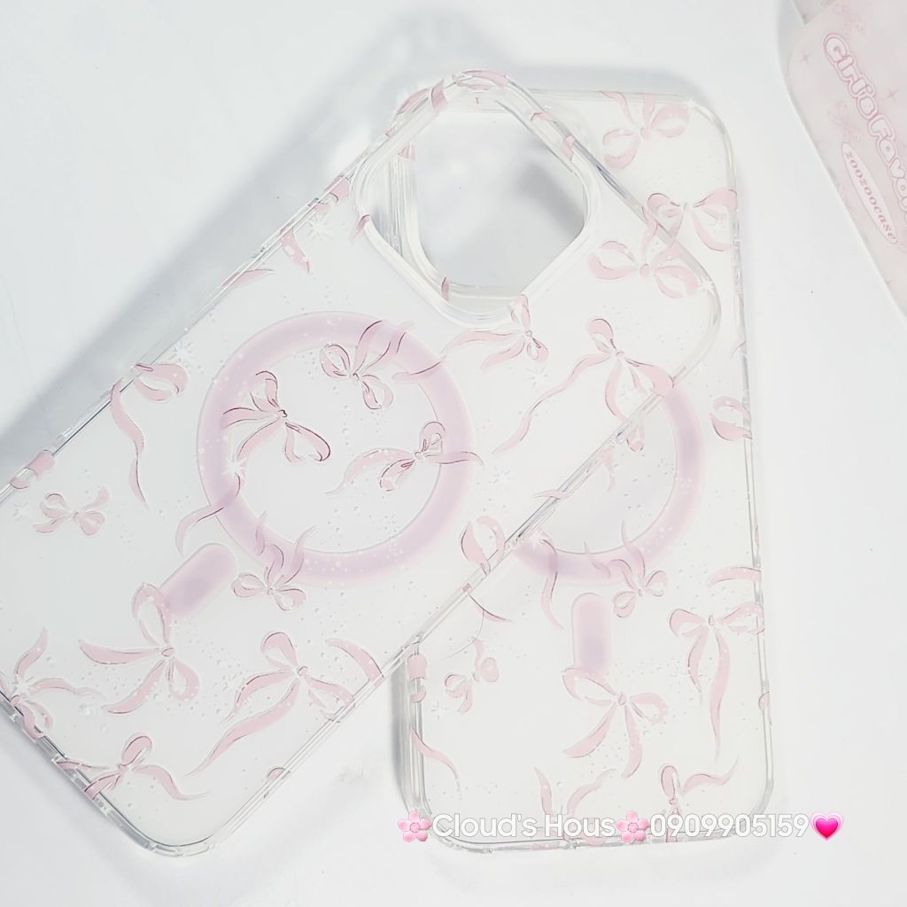Case Ốp điện thoại iPhone Magsafe Nền Trắng Nơ Hồng PopSocket iPhone 12/13/14/15/16/Pro/Promax