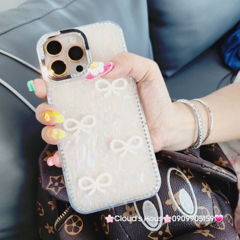 Case Ốp điện thoại iPhone Nơ Trắng Trong Ánh Xà Cừ Đính Đá Case iPhone 12/13/14/15/16/Pro/Promax