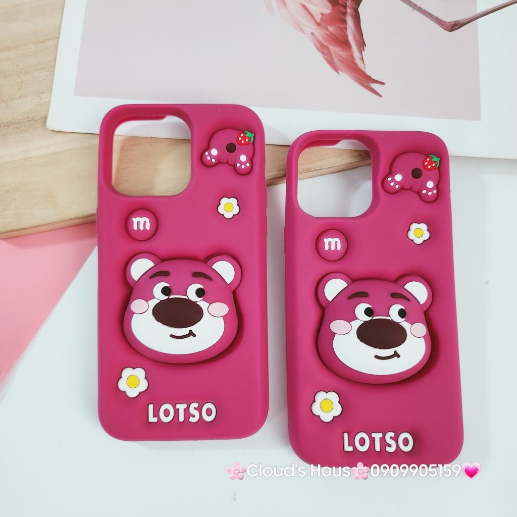 Case Ốp điện thoại iPhone Gấu Dâu Lotso Su dẻo 3D Nổi Popsocket iPhone 11/12/13/14/15/Plus/Pro/Promax