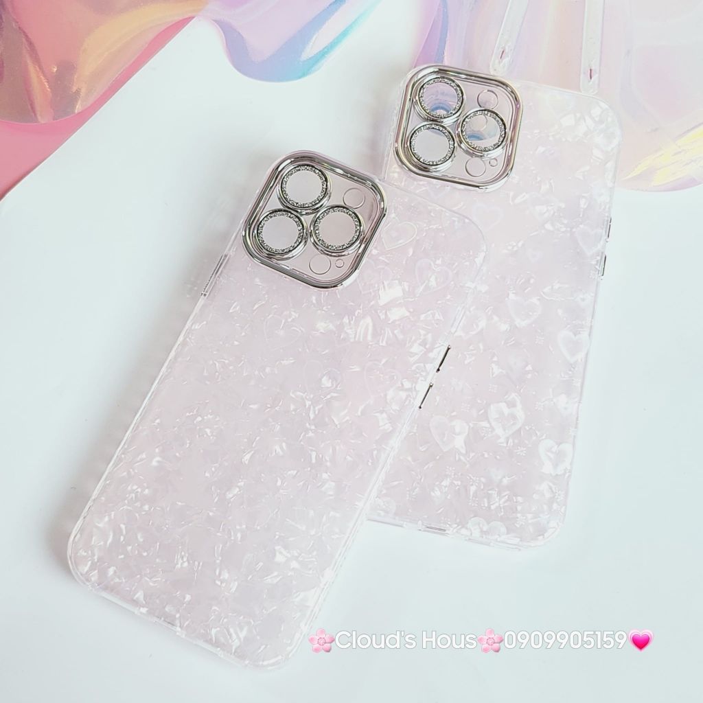 Case Ốp điện thoại iPhone Tim Hồng Ánh Xà Cừ Đính đá bảo vệ camera iPhone 11/12/13/14/15/Pro/Promax
