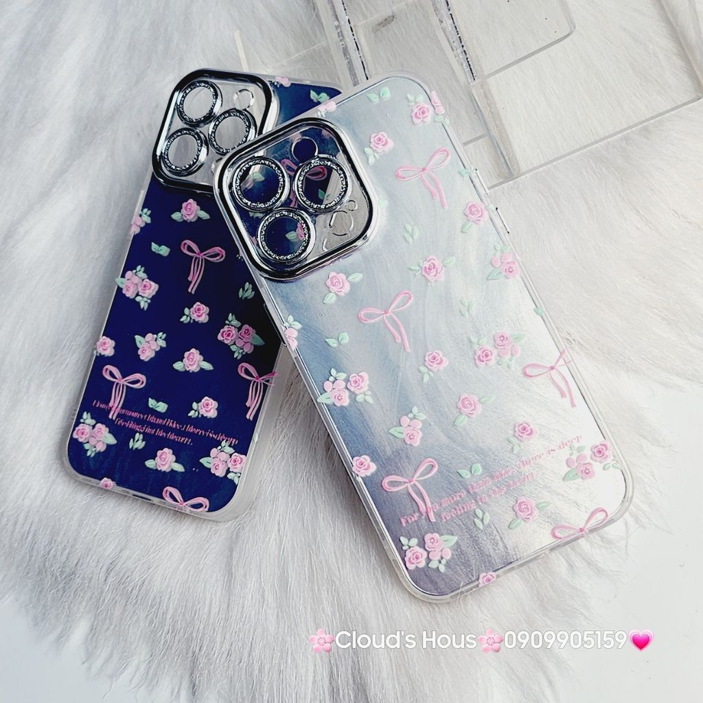 Case Ốp điện thoại iPhone Gương Nơ Hoa Camera đính đá kèm bảo vệ camera hologram iPhone 11/12/13/14/15/Pro/Promax
