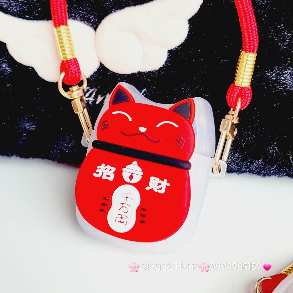 Cover Case Vỏ bảo vệ Airpod Mèo May Mắn Nhám Đỏ Có Dây Xách Airpod 1/2/3/Pro/Pro2 - TẾT