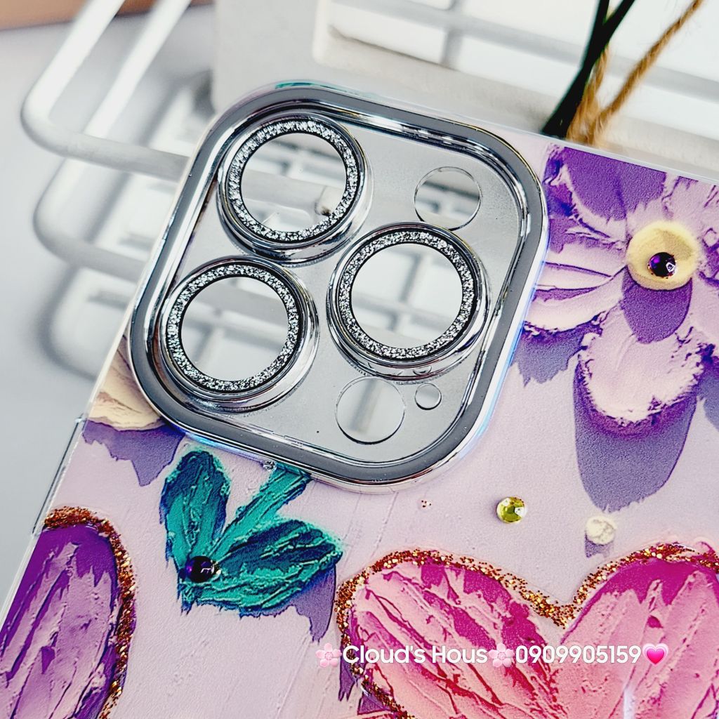 Case Ốp điện thoại iPhone Hoa To Hologram Nền Tím Đính đá Camera iPhone 11/12/13/14/15/Pro/Promax