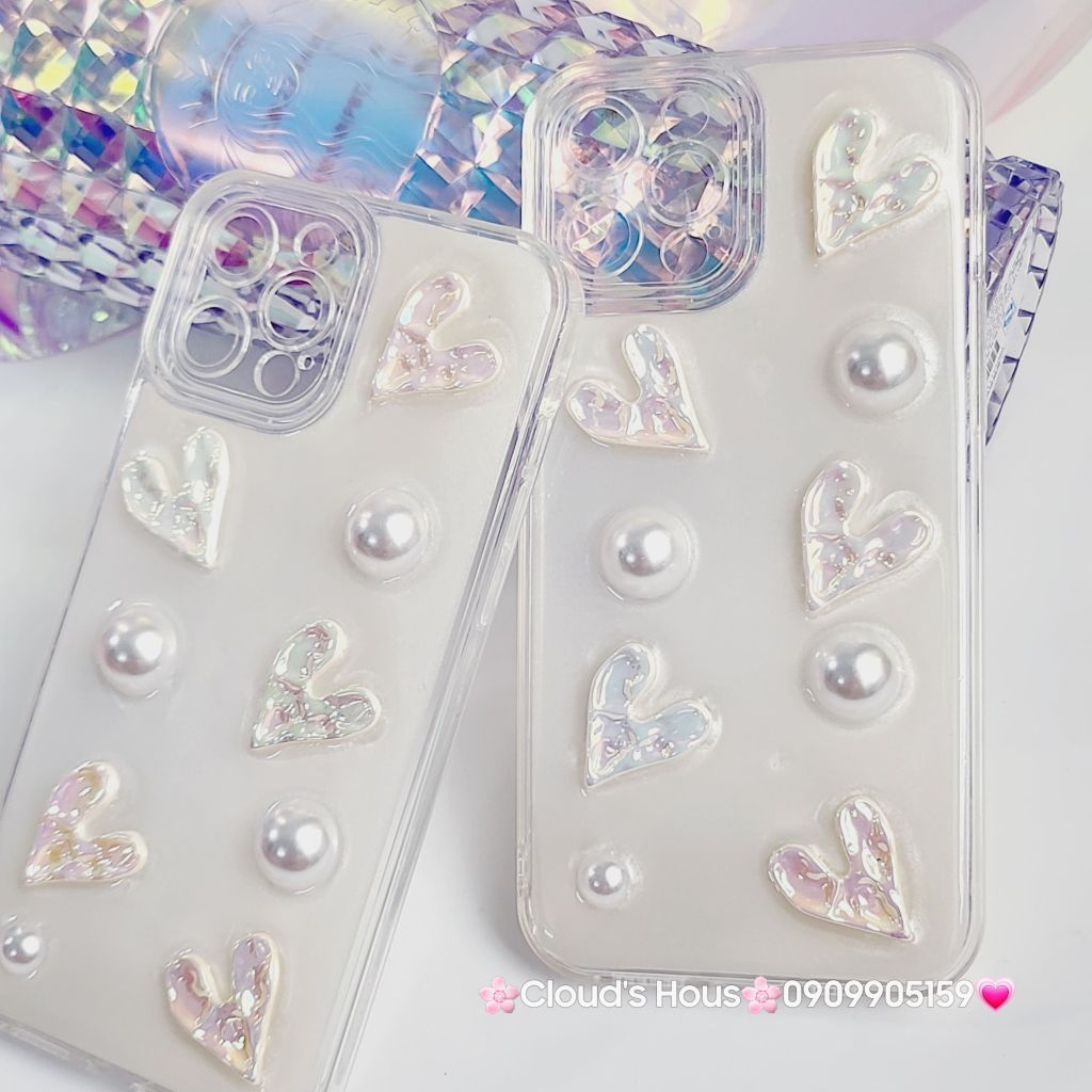Case Ốp điện thoại iPhone Bling Bling icon Trái Tim ngọc trai nổi iPhone 11/12/13/14/Pro/Promax