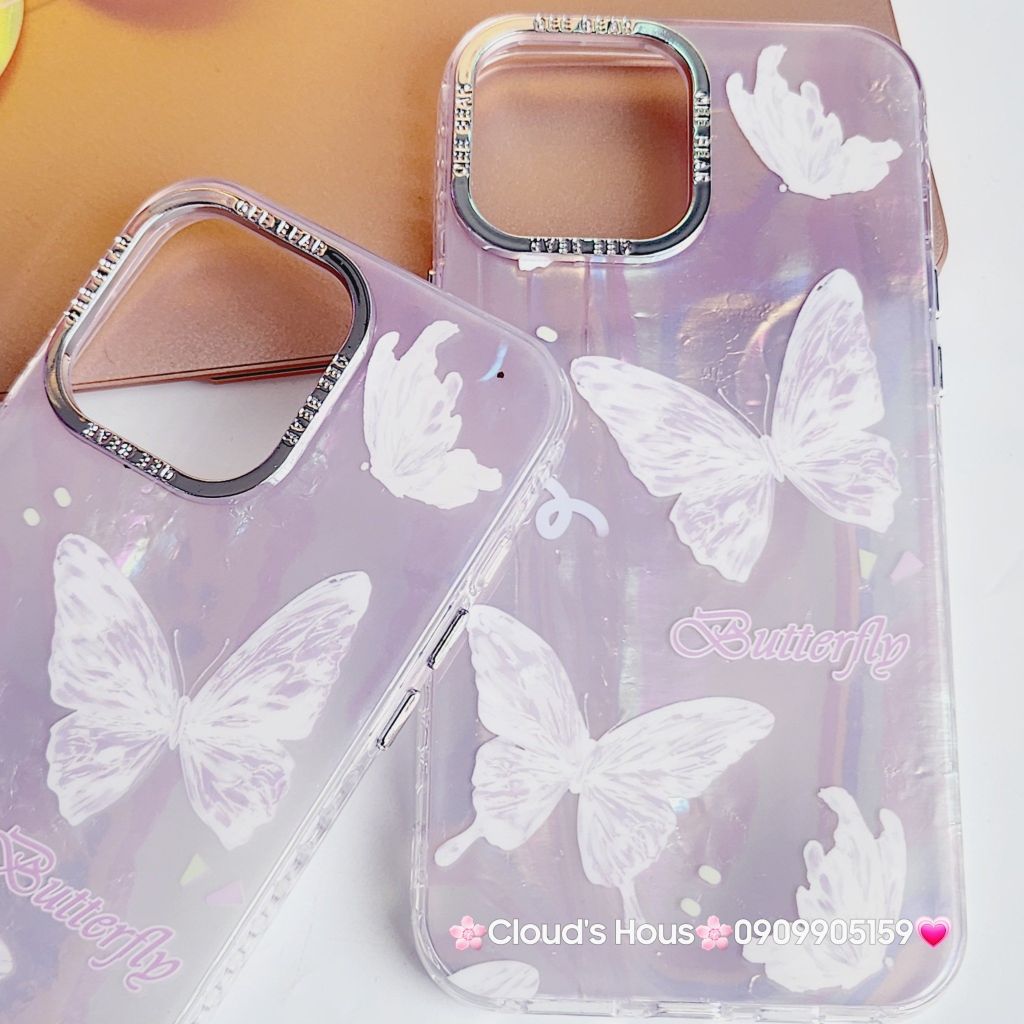 Case Ốp điện thoại iPhone Bướm Trắng Butterfly Ánh Xà Cừ Nền Hồng kèm bảo vệ camera đính đá iPhone 11/12/13/14/15/Pro/Promax