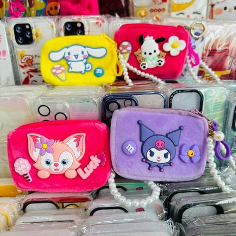 Bóp Móc Khóa Sanrio Kuromi Cinnamoroll LinaBell Snoopy Kèm Charm Ngọc Trai