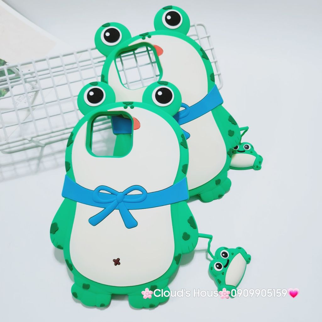 Case Ốp điện thoại iPhone Ếch xanh đeo nơ Su dẻo kèm móc khóa iPhone 11/12/13/14/15/Plus/Pro/Promax