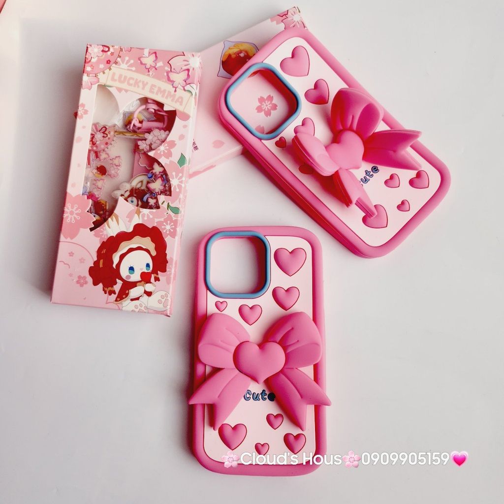 Case Ốp điện thoại iPhone Su dẻo Nơ Chống Dựng Trái tim iPhone 6P/7P/8P/X/Xs/XSMax/11/12/13/14/15/Pro/Promax