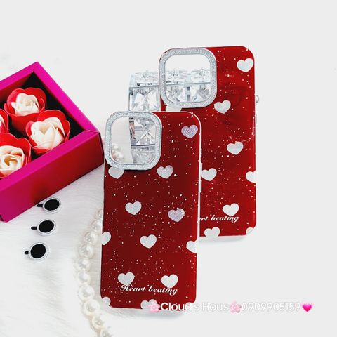 Case Ốp điện thoại iPhone Trái Tim Bạc Nền Đỏ Camera Viền Đính đá kèm bảo vệ Camera iPhone 11/12/13/14/15/Pro/Promax