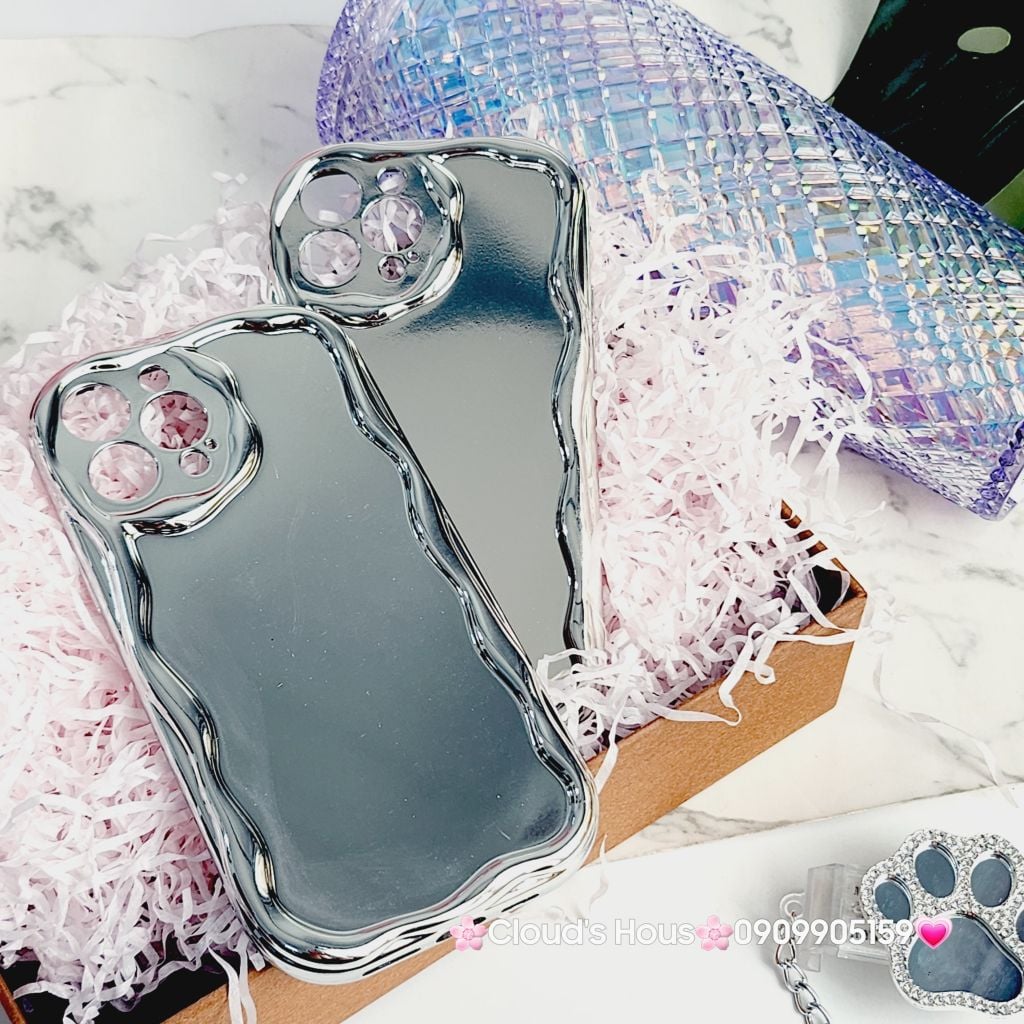 Case Ốp điện thoại iPhone Gương ánh bạc viền gợn sóng iPhone X/XSM/11/12/13/14/15/Pro/Promax