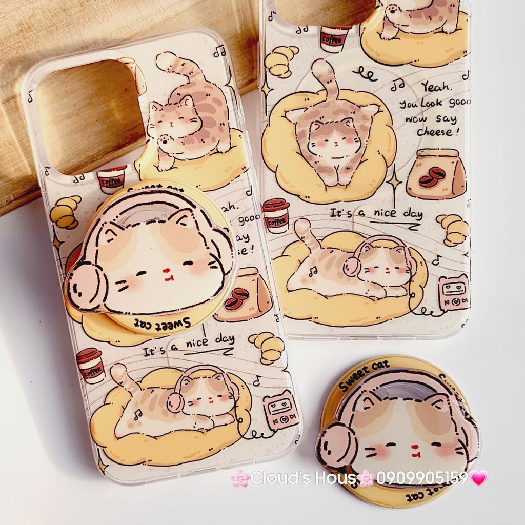 Case Ốp điện thoại iPhone Mèo Mập Lười Nice Day Kèm Popsocket Magsafe Nam Châm iPhone 11/12/13/14/15/Pro/Promax