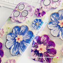 Case Ốp điện thoại iPhone Hoa Hologram nền xanh lá viền nhám bảo vệ cụm camera đính đá iPhone 11/12/13/14/15/Pro/Promax