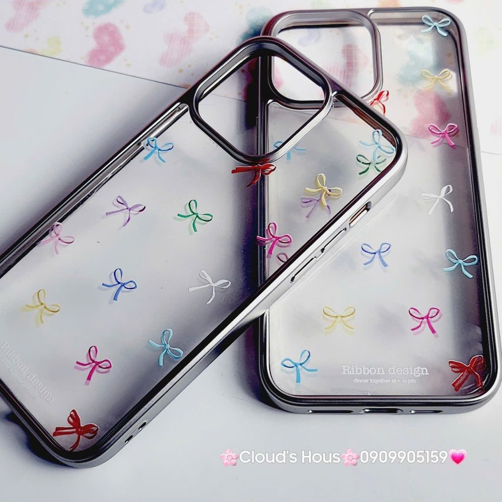 Case Ốp điện thoại iPhone Trong Nơ Nhiều màu viền bạc iPhone 12/13/14/15/Pro/Promax