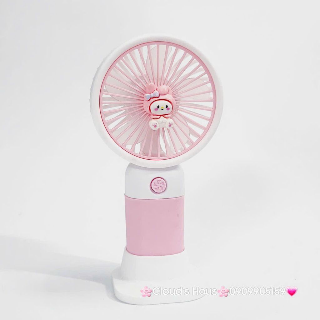 Mini Fan - Quạt Cầm Tay Hồng Melody Kèm đế giá đỡ (Quạt sạc, quạt tích điện)
