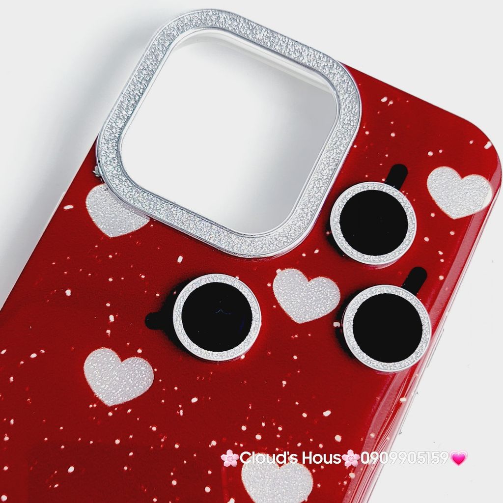 Case Ốp điện thoại iPhone Trái Tim Bạc Nền Đỏ Camera Viền Đính đá kèm bảo vệ Camera iPhone 11/12/13/14/15/Pro/Promax