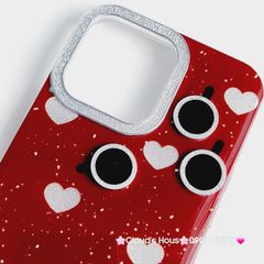 Case Ốp điện thoại iPhone Trái Tim Bạc Nền Đỏ Camera Viền Đính đá kèm bảo vệ Camera iPhone 11/12/13/14/15/Pro/Promax