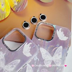 Case Ốp điện thoại iPhone Bướm Trắng Butterfly Ánh Xà Cừ Nền Hồng kèm bảo vệ camera đính đá iPhone 11/12/13/14/15/Pro/Promax