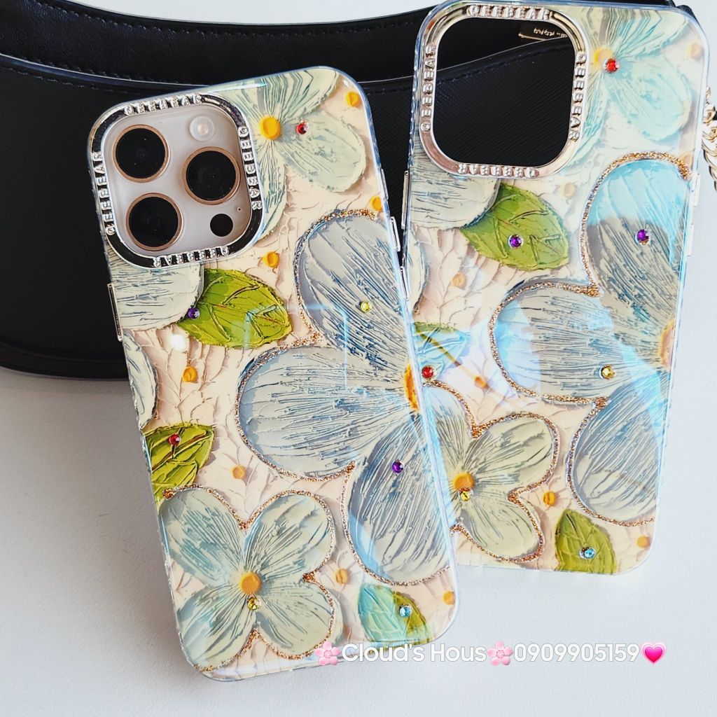 Case Ốp điện thoại iPhone Hoa Xanh To Hologram Nền Vàng iPhone 12/13/14/15/16Pro/Promax