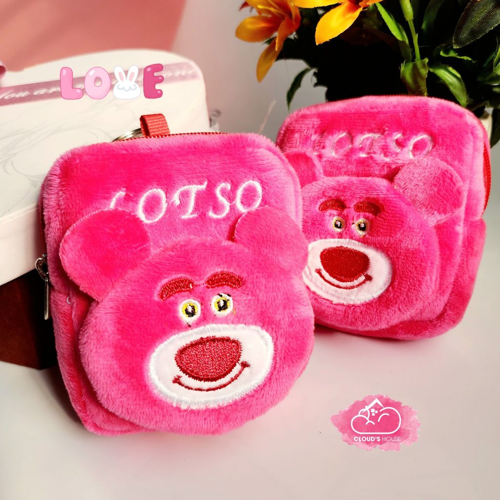 Bóp móc khoá Gấu dâu Lotso Vải bông nhung ( Tặng Kèm Tai Nghe)