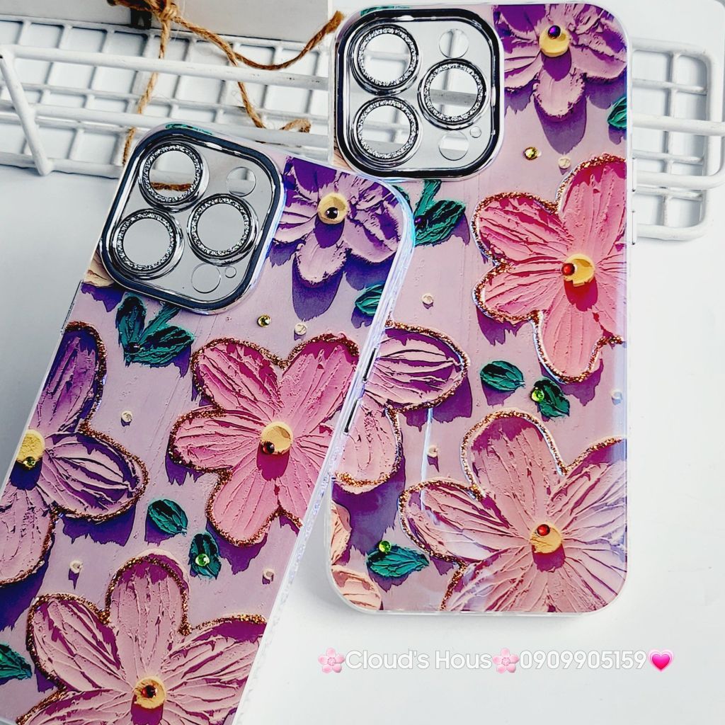 Case Ốp điện thoại iPhone Hoa To Hologram Nền Tím Đính đá Camera iPhone 11/12/13/14/15/Pro/Promax