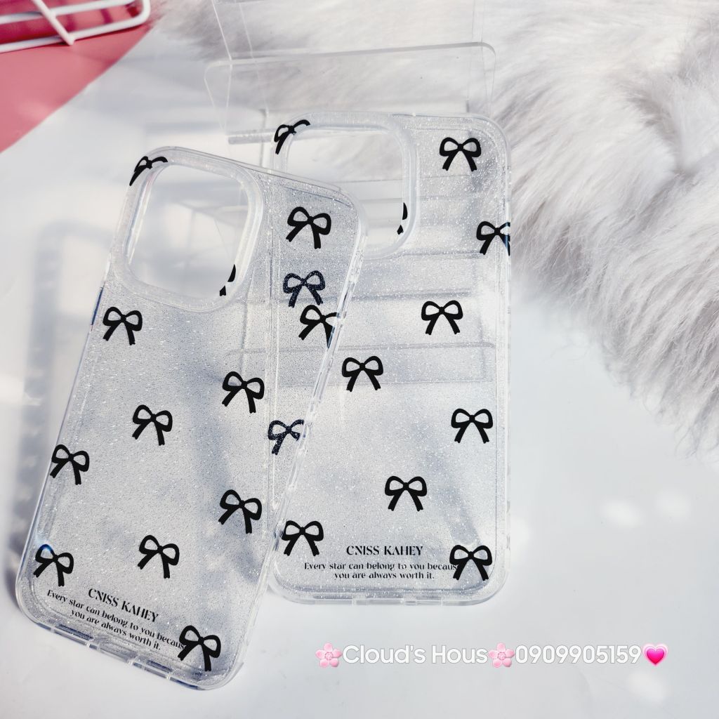 Case Ốp điện thoại iPhone Trong Bling Bling nơ đen đính đá lấp la lấp lánh iPhone 11/12/13/14/15/Pro/Promax