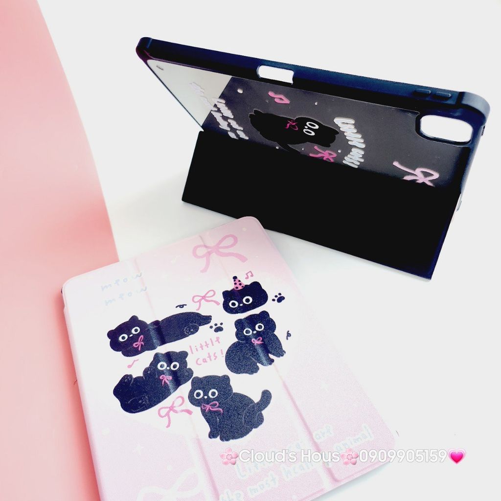 Case Ốp Bao da iPad Mèo Đen Nền Hồng Little Cats Lưng Gương iPad 9.7/10/10.2/10.5/10.9/11/12.9inch