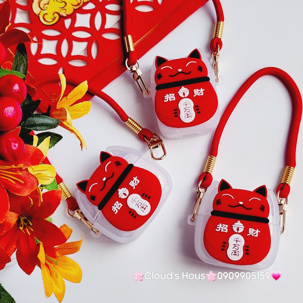 Cover Case Vỏ bảo vệ Airpod Mèo May Mắn Nhám Đỏ Có Dây Xách Airpod 1/2/3/Pro/Pro2 - TẾT