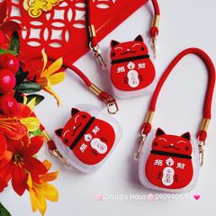 Cover Case Vỏ bảo vệ Airpod Mèo May Mắn Nhám Đỏ Có Dây Xách Airpod 1/2/3/Pro/Pro2 - TẾT