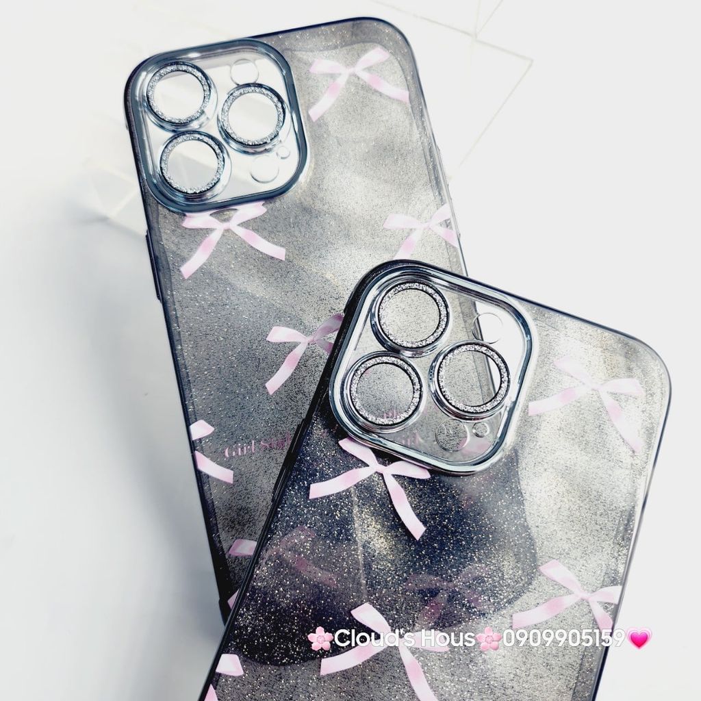 Case Ốp điện thoại iPhone Nơ Hồng nền Đen Bling Bling Cường lực Camera Đính đá iPhone 11/12/13/14/15/Pro/Promax