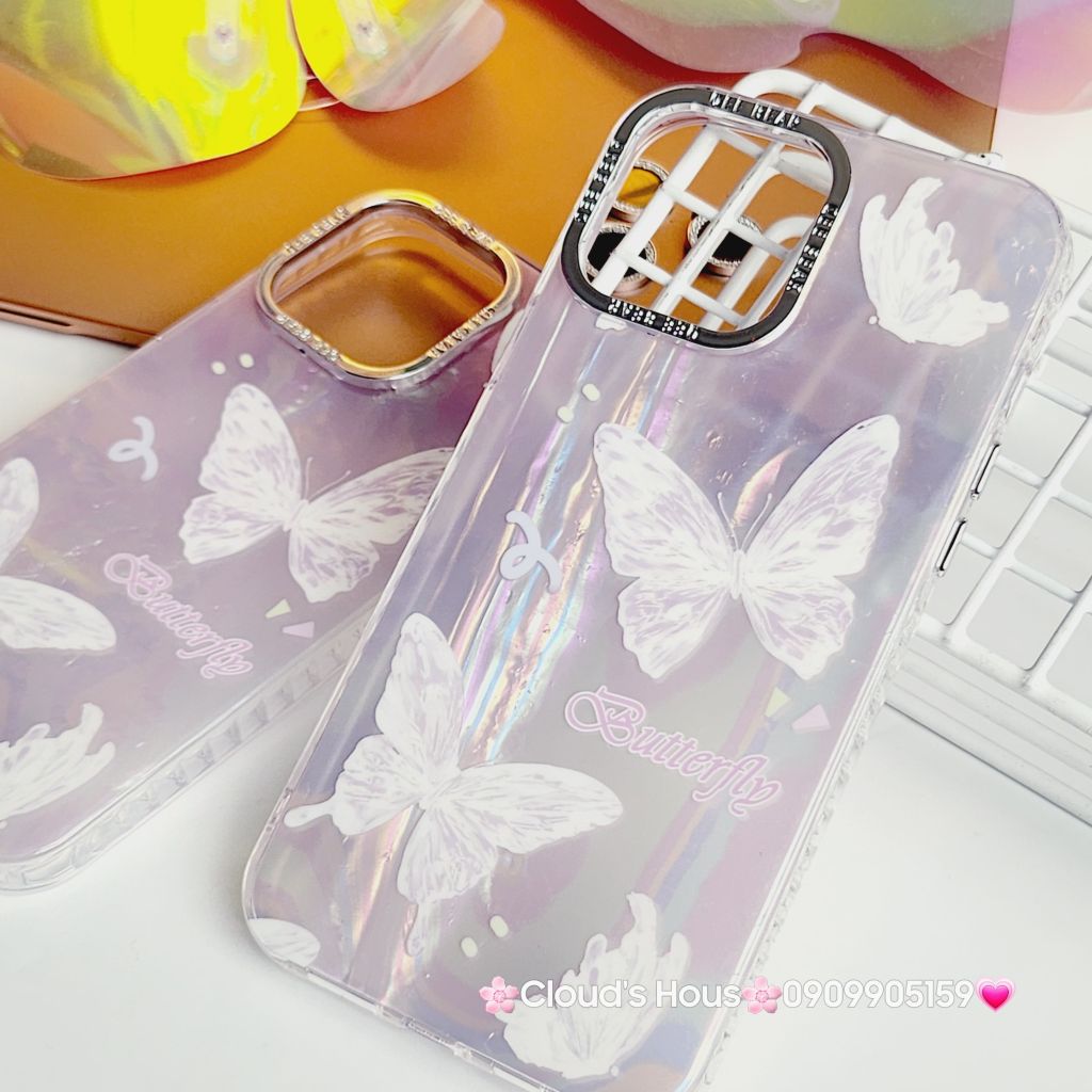 Case Ốp điện thoại iPhone Bướm Trắng Butterfly Ánh Xà Cừ Nền Hồng kèm bảo vệ camera đính đá iPhone 11/12/13/14/15/Pro/Promax