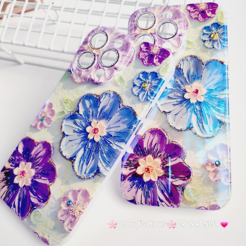 Case Ốp điện thoại iPhone Hoa Hologram nền xanh lá viền nhám bảo vệ cụm camera đính đá iPhone 11/12/13/14/15/Pro/Promax