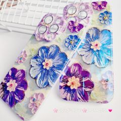 Case Ốp điện thoại iPhone Hoa Hologram nền xanh lá viền nhám bảo vệ cụm camera đính đá iPhone 11/12/13/14/15/Pro/Promax