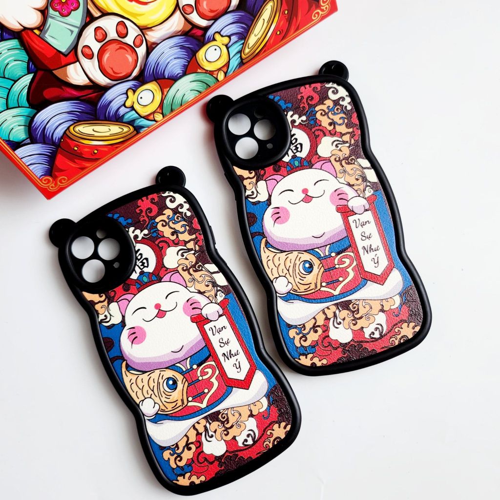 Case Ốp điến thoại iPhone Mèo may mắn Tai gấu Nhám da Viền gợn sóng iPhone 11/12/13/Pro/Promax - TẾT