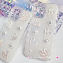 Case Ốp điện thoại iPhone Bling Bling icon Trái Tim ngọc trai nổi iPhone 11/12/13/14/Pro/Promax