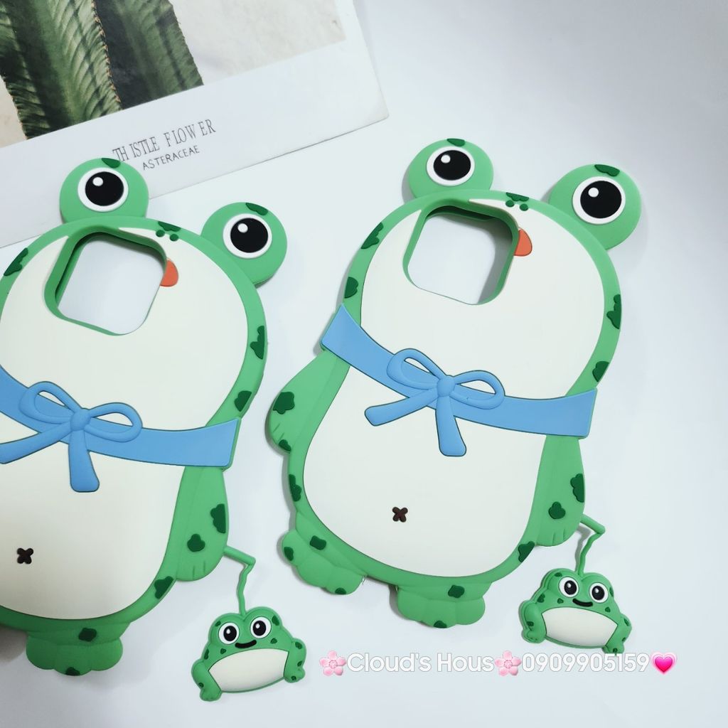 Case Ốp điện thoại iPhone Ếch xanh đeo nơ Su dẻo kèm móc khóa iPhone 11/12/13/14/15/Plus/Pro/Promax