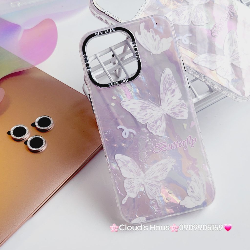 Case Ốp điện thoại iPhone Bướm Trắng Butterfly Ánh Xà Cừ Nền Hồng kèm bảo vệ camera đính đá iPhone 11/12/13/14/15/Pro/Promax