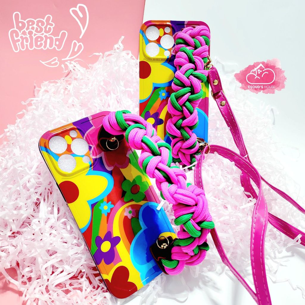 Case Ốp điện thoại iPhone Hoa sặc sỡ Dây tua rua Hồng Có dây đeo iPhone 11/12/13/14/Pro/Promax