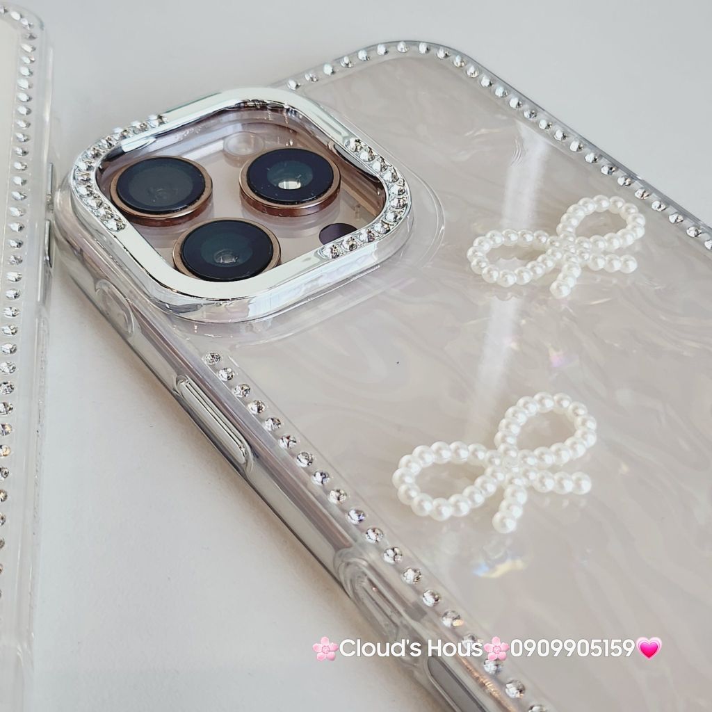 Case Ốp điện thoại iPhone Nơ Trắng Trong Ánh Xà Cừ Đính Đá Case iPhone 12/13/14/15/16/Pro/Promax