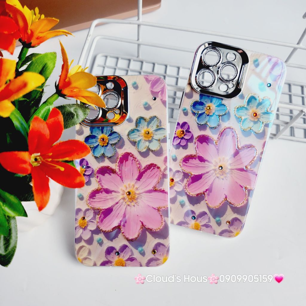 Case Ốp điện thoại iPhone Hoa To Hologram Nền Tím Viền Camera đính đá Classic iPhone 11/12/13/14/15/Pro/Plus/Promax