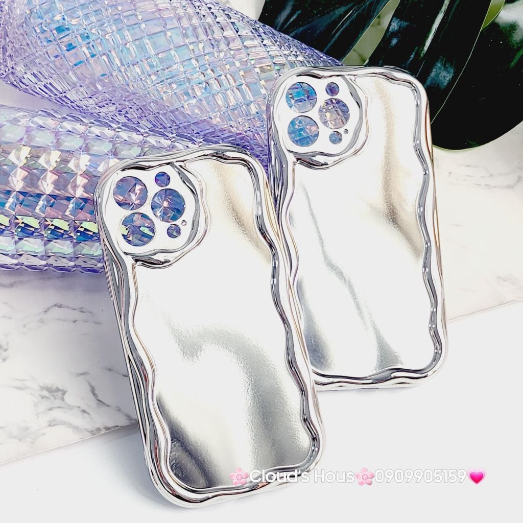 Case Ốp điện thoại iPhone Gương ánh bạc viền gợn sóng iPhone X/XSM/11/12/13/14/15/Pro/Promax