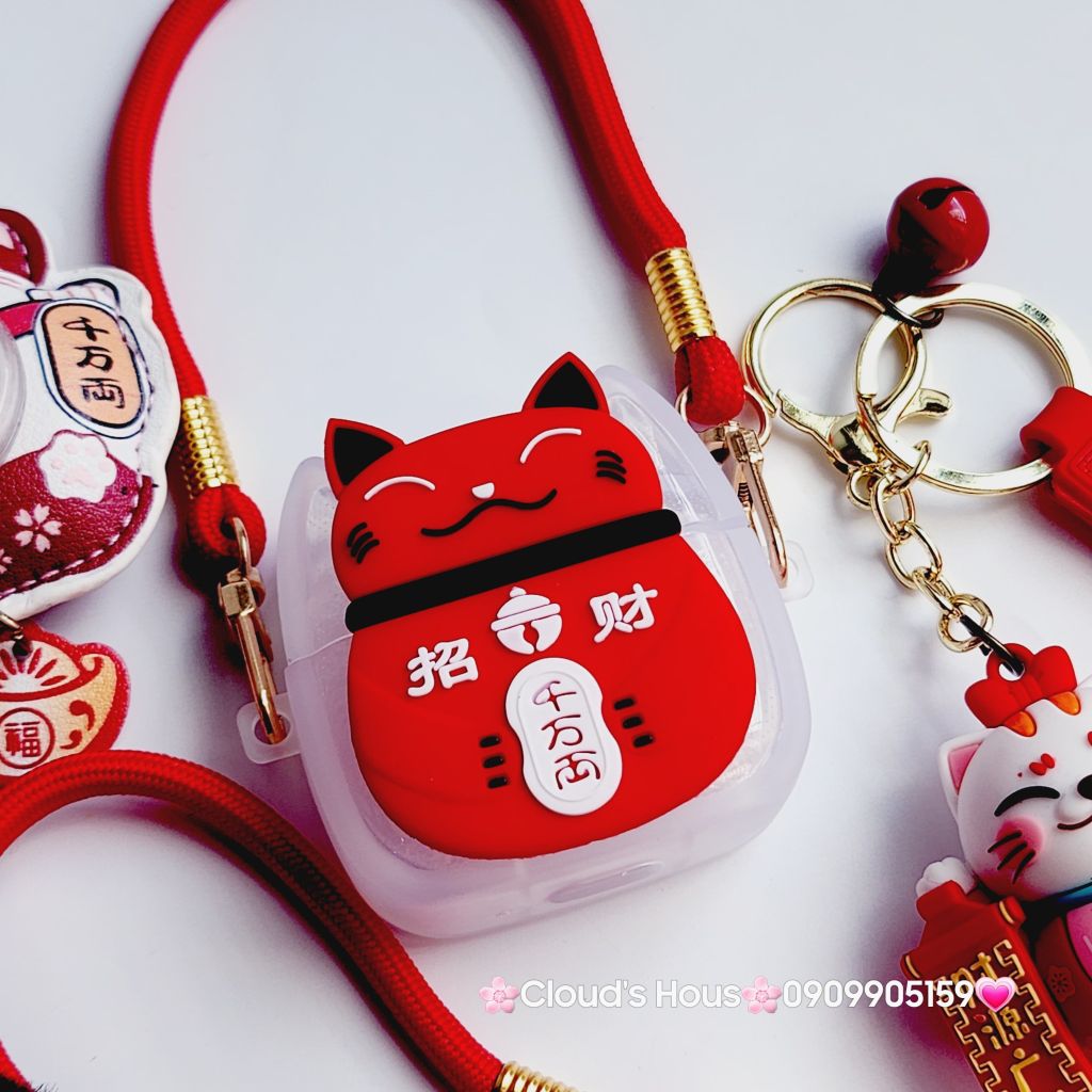 Cover Case Vỏ bảo vệ Airpod Mèo May Mắn Nhám Đỏ Có Dây Xách Airpod 1/2/3/Pro/Pro2 - TẾT
