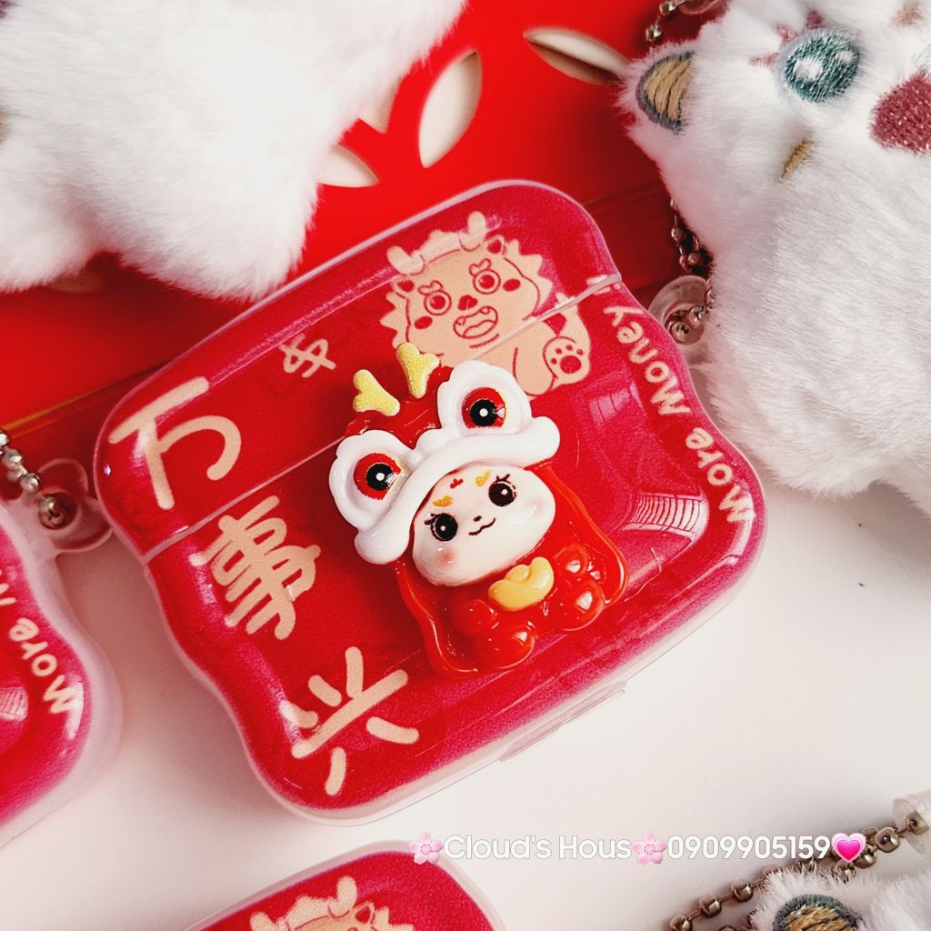 Cover Case Vỏ bảo vệ Airpod Lân Đỏ Cầm Thỏi Vàng Airpod 1/2/3/Pro/Pro2 - TẾT