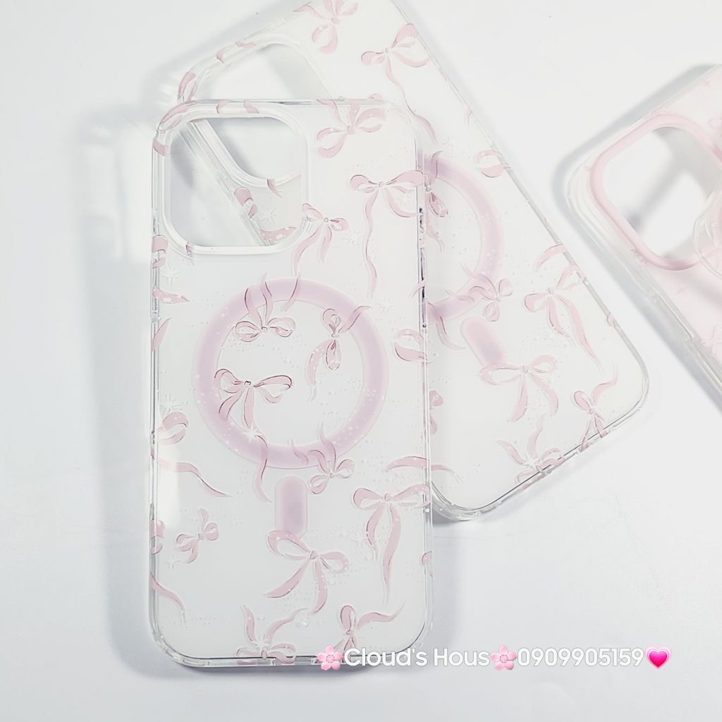 Case Ốp điện thoại iPhone Magsafe Nền Trắng Nơ Hồng PopSocket iPhone 12/13/14/15/16/Pro/Promax